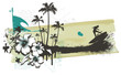 summer grunge banner with surfer palms and hibiscus