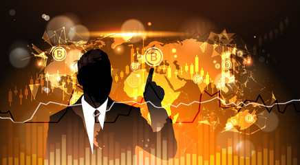 Poster - Silhouette Business Man Point Finger To Bitcoin Over World Map Crypto Currency Concept Digital Web Money Technology Vector Illustration