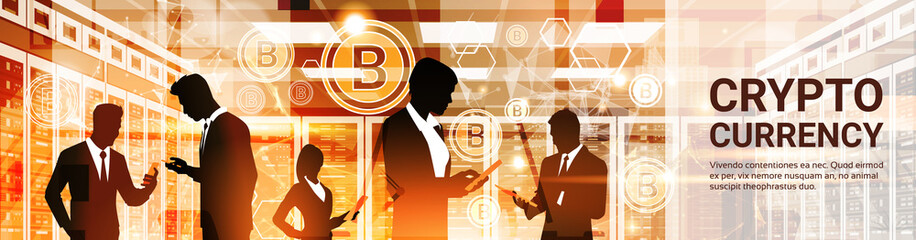 Poster - Group Of Businesspeople Silhouettes Bitcoin Crypto Currency Concept Digital Web Money Technology Horizontal Banner Vector Illustration