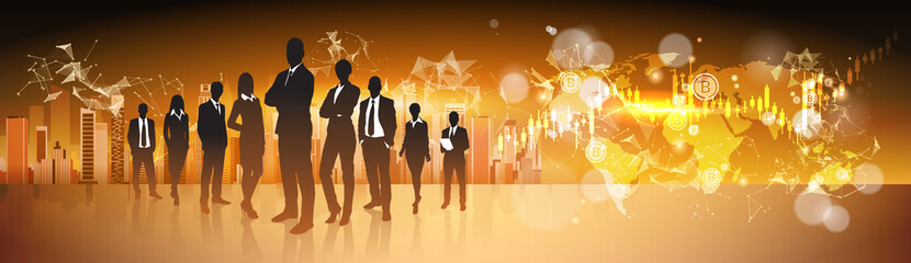 Poster - Crypto Currency Concept Silhouette Business People Group Standing Over World Map With Bitcoin Digital Web Money Vector Illustration