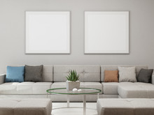 White Empty Frame Mock Up On Concrete Wall Background, Sofa And Table With Blank Poster In Bright Living Room Of Modern House - Home Interior 3d Illustration