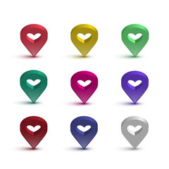 Poster - Map pin with heart set. Vector shiny signs with hearts for map isolated on white background.