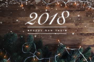 Poster - 2018 Happy New Year greeting text on dark brown wood background