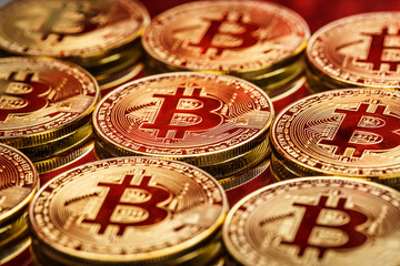 Bitcoin coins in closeup