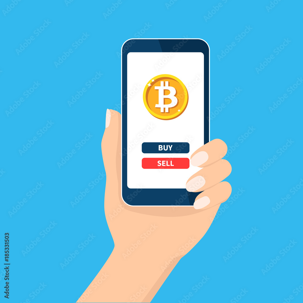 Vetor mobile bitcoin business. Hand holding smartphone. Screen button buy,  sell, bit coin, cryptocurrency. Finance, global digital money. Flat design  infographic, vector illustration. Web site mobile app. do Stock | Adobe  Stock