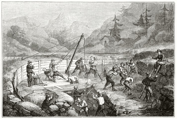 Ancient gold prospectors working hardly in a gold quarry surrounded by the nature   in California. By Chassevent after previous engraving by unknown author published on Le Tour du Monde Paris 1862