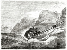 Ancient Sailboat Tilts With His Crew On A Very Rough Sea. La Belle Shipwreck In The Gulf Of Mexico. Created By Stock After Vigneaux Published On Le Tour Du Monde Paris 1862