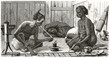 Ancient illustration of two Malaysian smoking opium on a carpet in a wodden house while a third one lying down under drug effect. By Boulanger published on Le Tour du Monde Paris 1862