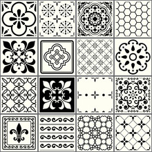 
Portuguese Tiles Pattern, Lisbon Seamless Black And White Tiles, Azulejos Vintage Geometric Ceramic Design
