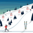 Ski resort snow mountain landscape, skiers on slopes, ski lifts. Winter landscape with ski slope covered with snow, trees and mountains on background. Cartoon flat vector illustration.