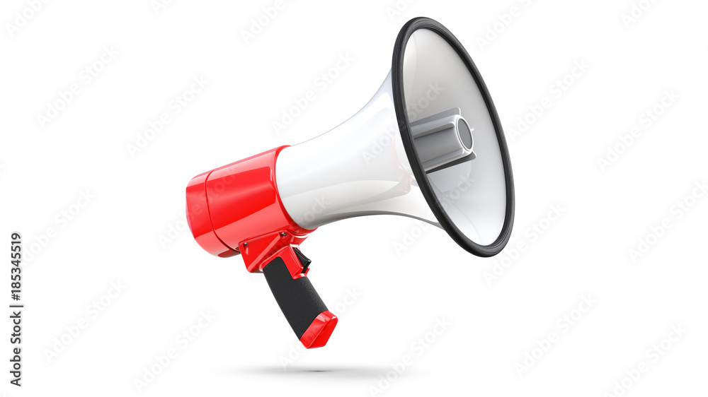 Red and white megaphone isolated on white background. 3d rendering of bullhorn, file contains a clipping path to isolation - obrazy, fototapety, plakaty 