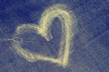 Wall Mural - Heart with chalk on the jeans and the needle and thread