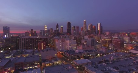 Aufkleber - Aerial view city downtown Los Angeles skyline sunset twilight dusk night. 4K UHD