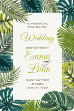 Wedding Event Invitation Card Template. Exotic Tropical Jungle Rainforest Bright Green Palm Tree And Monstera Leaves Border Frame On Beige Background. Vertical Portrait Aspect Ratio. Text Placeholder.