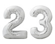 Silver number 23 twenty three made of inflatable balloon isolated on white