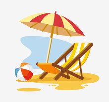 Umbrella And Sun Lounger On The Beach.
