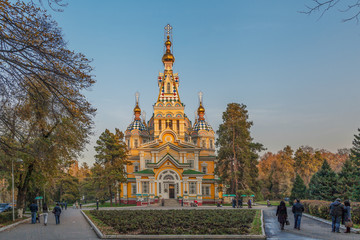 ALMATY, KAZAKHSTAN - NOVEMBER 5, 2014: The Ascension Orthodox Cathedral at sunset