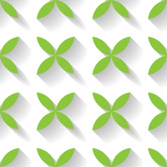 Wall Mural - Abstract vector seamless pattern mosaic of green four leaf blooms in diagonal arrangement on white background. Simple flat desidn elements with long shadow effect.