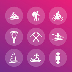 Wall Mural - extreme outdoor activities icons set, skydiving, sailing, mountaineering, surfing, racing