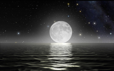 moon rising over the ocean with starry sky in the background