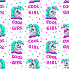 Sticker - Stylish seamless pattern with cute cartoon pony face