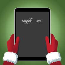 Santa Claus Holding A Tablet With His Naughty And Nice List. EPS 10 Vector Illustration.