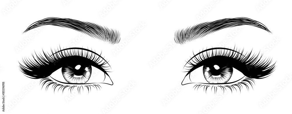 Hand-drawn woman's sexy luxurious eye with perfectly shaped eyebrows and full lashes. Idea for business visit card, typography vector. Perfect salon look. - obrazy, fototapety, plakaty 
