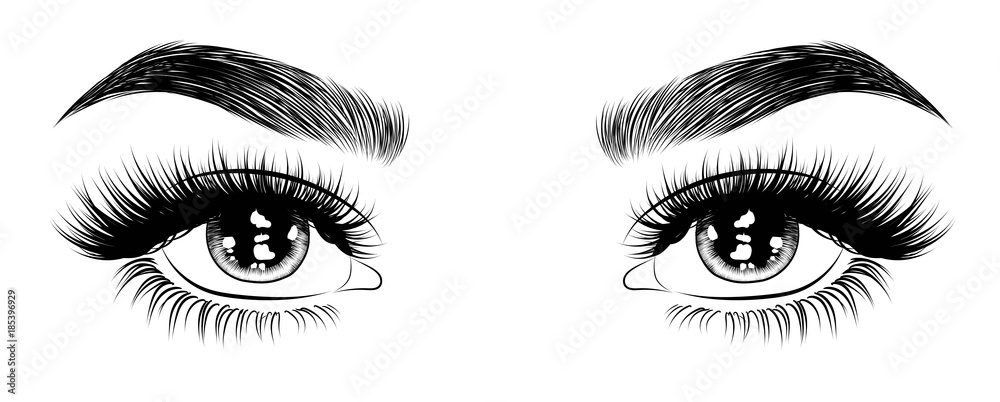 Hand-drawn woman's sexy luxurious eye with perfectly shaped eyebrows and full lashes. Idea for business visit card, typography vector. Perfect salon look. - obrazy, fototapety, plakaty 