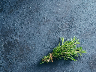 Wall Mural - Organic bunch of fresh rosemary tied with string on dark blue concrete table with copy space. Top view or flat-lay.