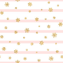 Christmas Gold Snowflake Seamless Pattern. Golden Glitter Snowflakes On Pink White Lines Background. Winter Snow Texture Design Wallpaper Symbol Holiday, New Year Celebration. Vector Illustration
