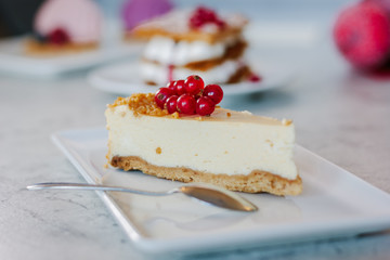 Wall Mural - Cheesecake with red currant berries on white plate.