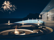3d Rendering Of Pool Villa With Fireworks And Champagne. New Years Eve