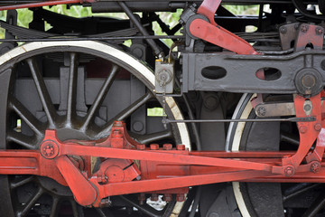 Close-up of old steam locomotive wheels