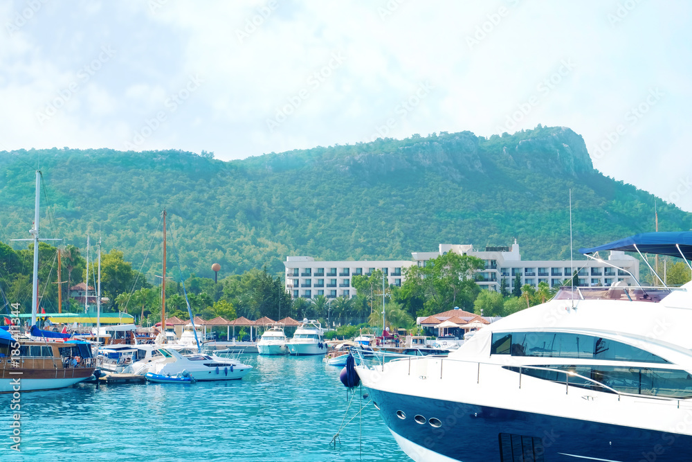 Beautiful view of modern boats at pier