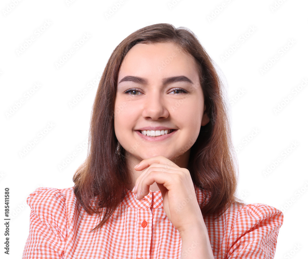 Beautiful smiling woman on white background