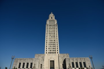 Louisiana State Capitol Building with clear blue cloudless sky, downtown Baton Rouge in Louisiana, USA