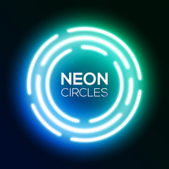 Wall Mural - blue gradient neon light banner. shining round techno circles. night club electric bright 3d sign bo