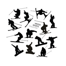 Set Collection Of Black Alpine Skier S And Snowboarders Silhouettes Isolated On White Background.