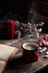 hot coffee on a wooden table