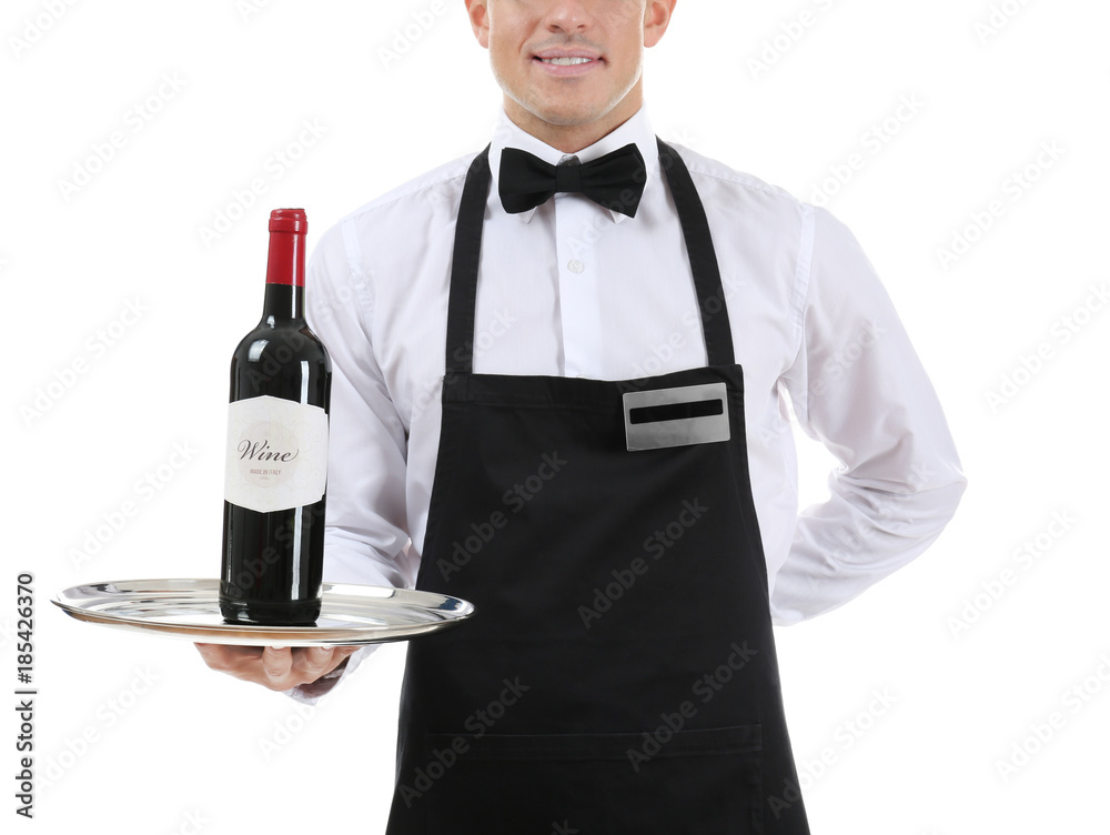 Waiter holding tray with bottle of wine on white background