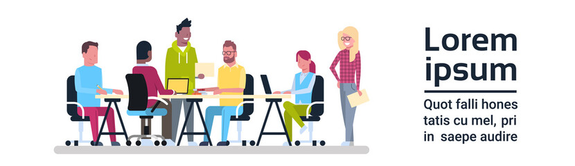 Wall Mural - Group Of Creative People Working Business Meeting Team Sitting At Office Desk Brainstorming Flat Vector Illustration