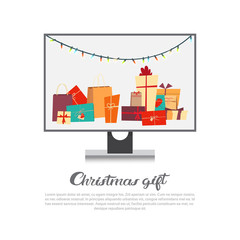 Poster - Computer Monitor With Garland And Holiday Decorations Christmas Gift Concept New Year Sales On Gadgets Banner Vector Illustration