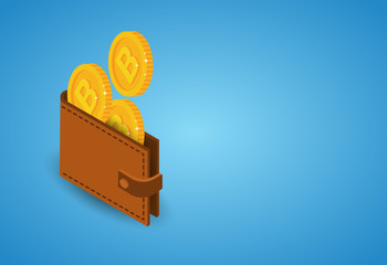 Poster - Bitcoins Wallet Over Blue Background Modern Web Digital Money Crypto Currency Concept Flat Vector Illustration