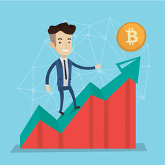 Wall Mural - Young caucasian white businessman standing on growth bitcoin graph. Rise of bitcoin price, blockchain network technology, initial coin offering and cryptocurrency concept. Vector cartoon illustraton.