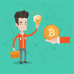 Wall Mural - Young caucasian businessman getting investment in the form of bitcoin coin for his startup business project. Concept of investment, startup, ICO initial coin offering. Vector cartoon illustration.