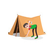 © Happypictures - Young smiling teenager boy setting up tourist tent. Summer travel, camping or hiking concept. Flat style cartoon character. Vector illustration