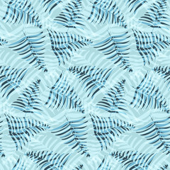  Abstract dark and light blue tropical leaves seamless pattern. Nice trendy vector exotic leaves texture for textile, wrapping paper, background, surface, cover, web design