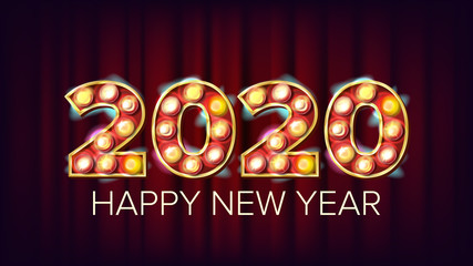 Sticker - 2020 Happy New Year Vector. Marquee Light Background Decoration. Greeting Card Design. 2020 Light Sign. Vintage Golden Illuminated Light. Holiday Retro Shine Lamp Bulb 2020. Illuminated Illustration