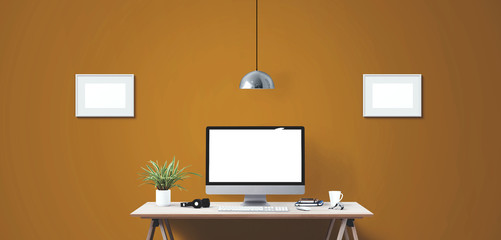 Wall Mural - desktop computer screen isolated. modern creative workspace background.. mockup scene creator
