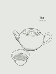 Wall Mural - set of hot tea, kettle and glass. hand draw sketch vector.